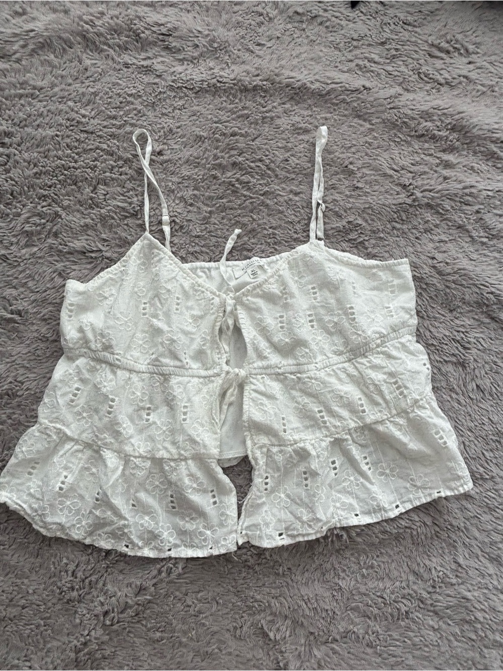 White Eyelet Tie-Front Ruffle Tank Top